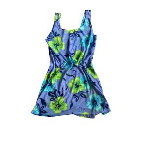 Y2K Vintage Blue Floral Hawaiian Mini Dress | Hibiscus Print Sleeveless (M)